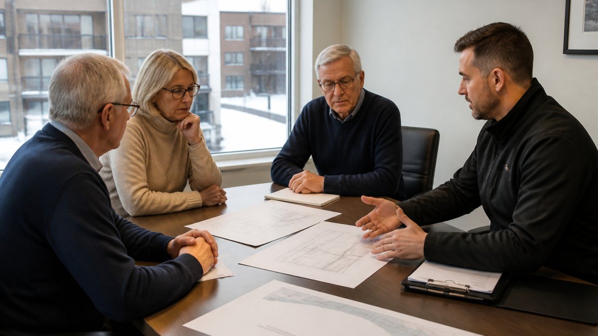 Condo board members reviewing project documents with a contractor when hiring roofers for condo buildings