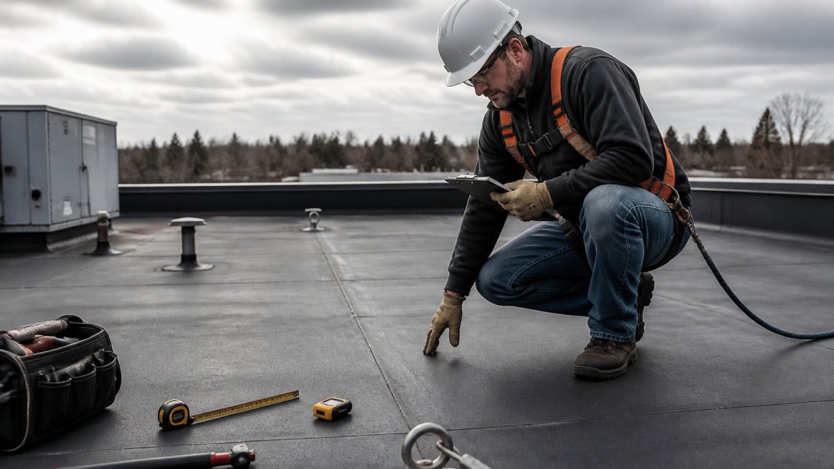 Professional roofing inspector in orange safety harness and hard hat secured to roof anchor point, examining flat commercial roof membrane with clipboard and measuring tools, overcast sky visible