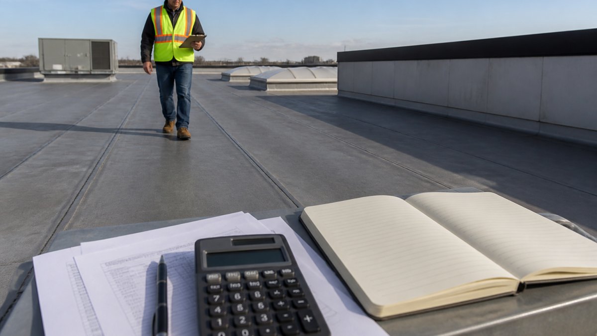 Contractor inspecting flat membrane seams during a commercial roof replacement on a warehouse in Edmonton