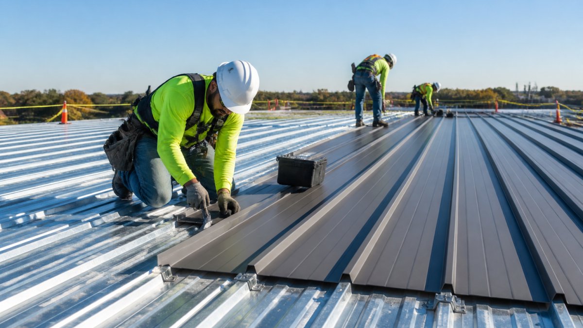 Professional crew installing metal standing-seam roofing panels on a large industrial warehouse during daylight, showing metal decking, protective equipment, and coordinated installation work
