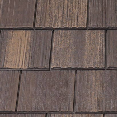 F-Wave REVIA Hand-Split Shake synthetic shingles in Castlewood Brown, colour sample