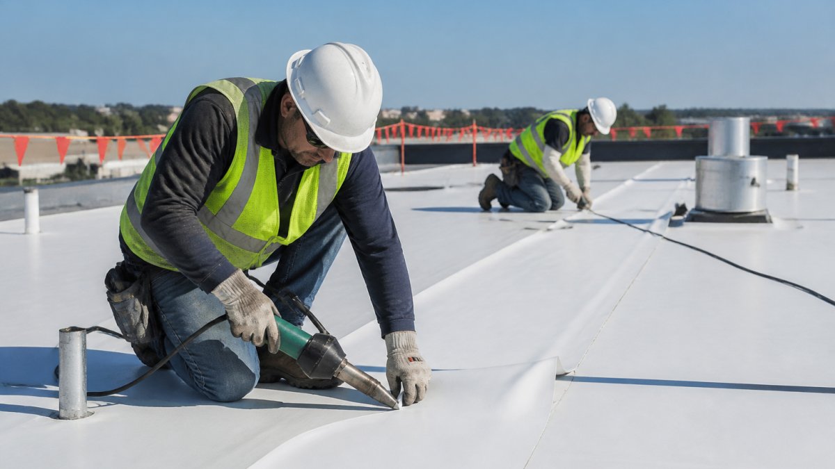 Professional roofing crew installing TPO membrane on commercial flat roof, workers applying seams and flashing in daylight with safety equipment visible