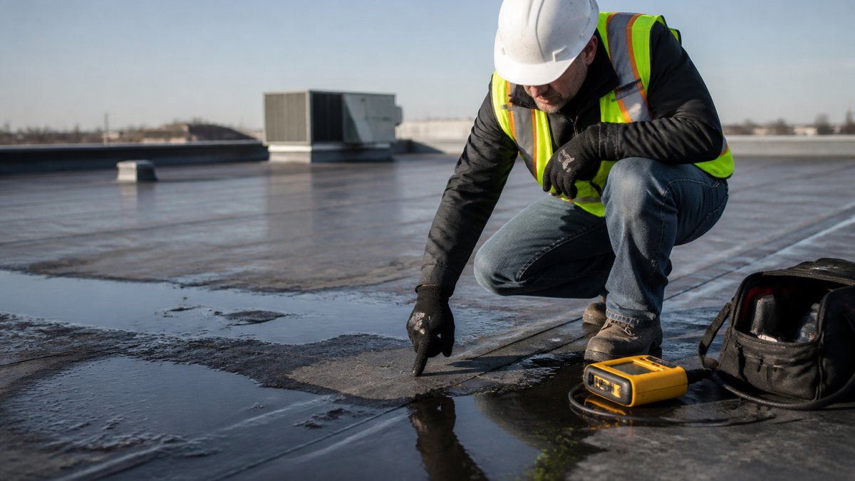 Professional roofing contractor in safety gear inspecting flat roof membrane during daylight, pointing to visible water damage and pooling areas, with diagnostic tools and equipment visible nearby