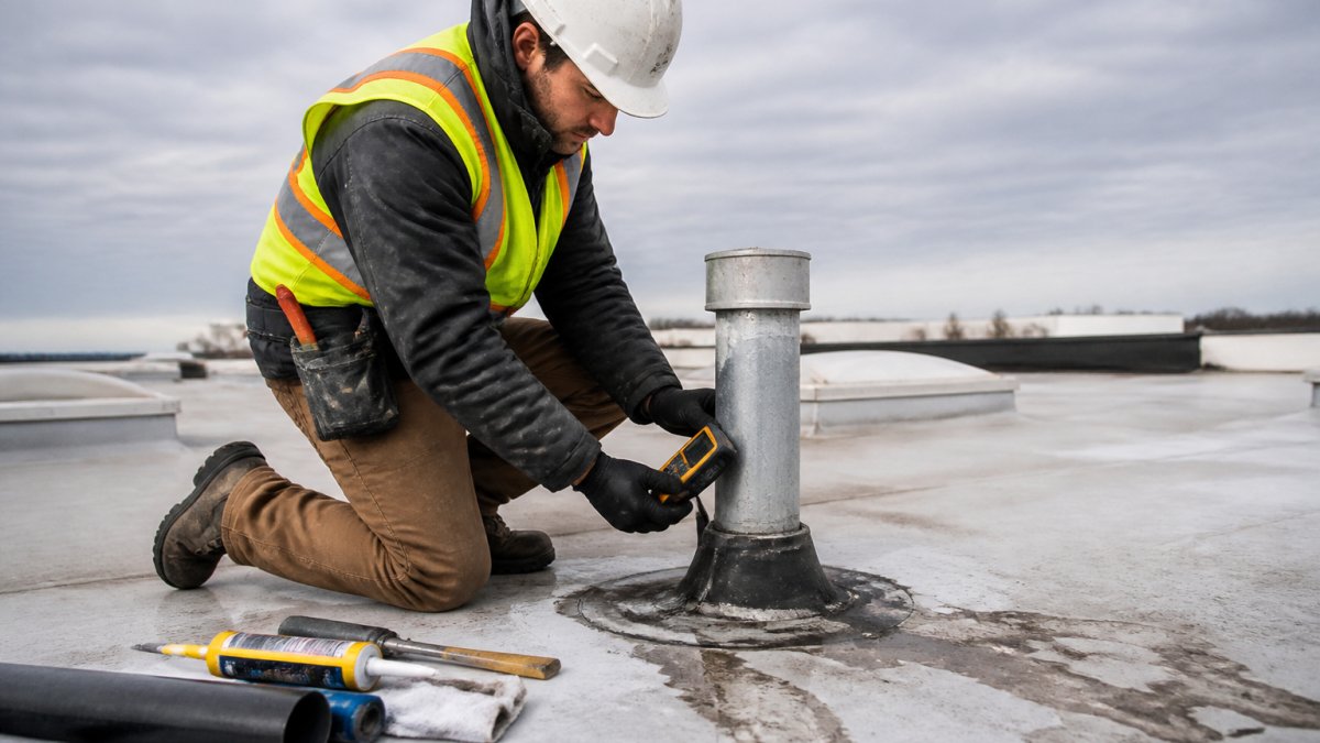 A roofer in safety gear kneeling on a flat roof, inspecting flashing around a vent stack with a moisture meter in hand, overcast sky above, water stains visible on the membrane nearby