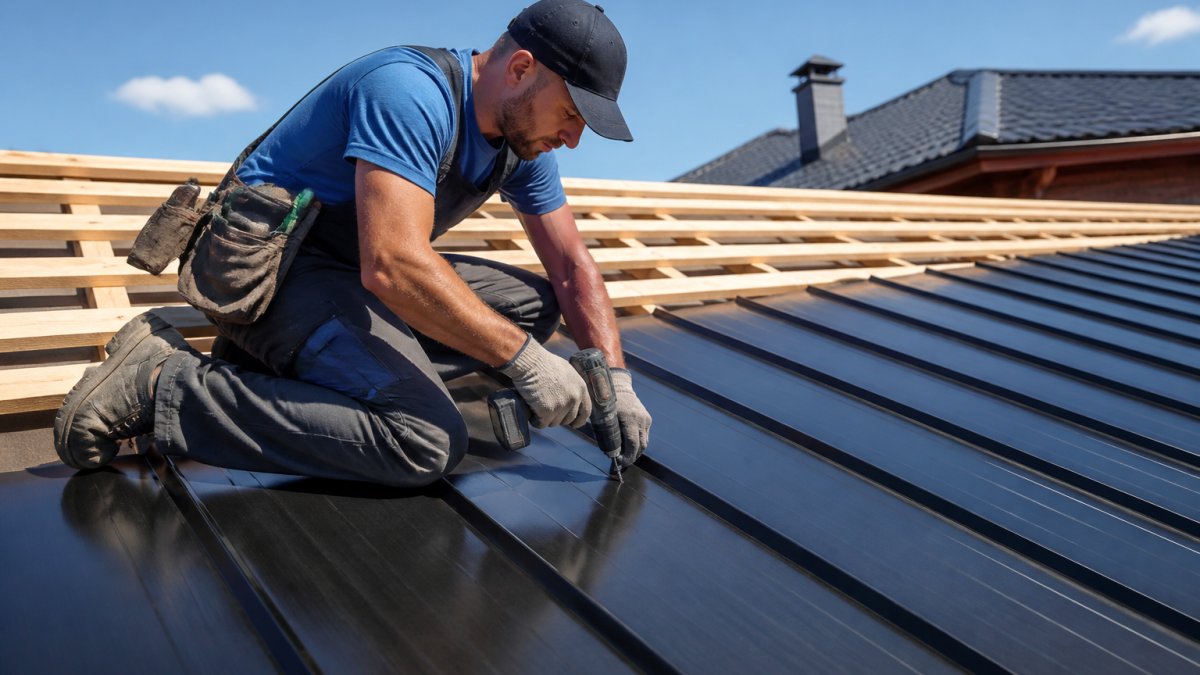 Professional roofer securing metal roof panels with screws during the metal roof installation process.