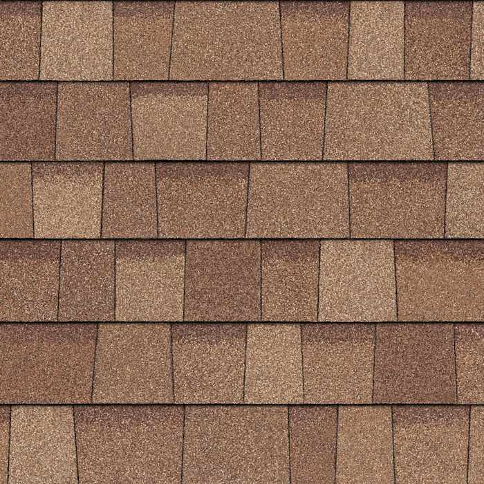 Owens Corning Oakridge shingles in Desert Tan, colour swatch