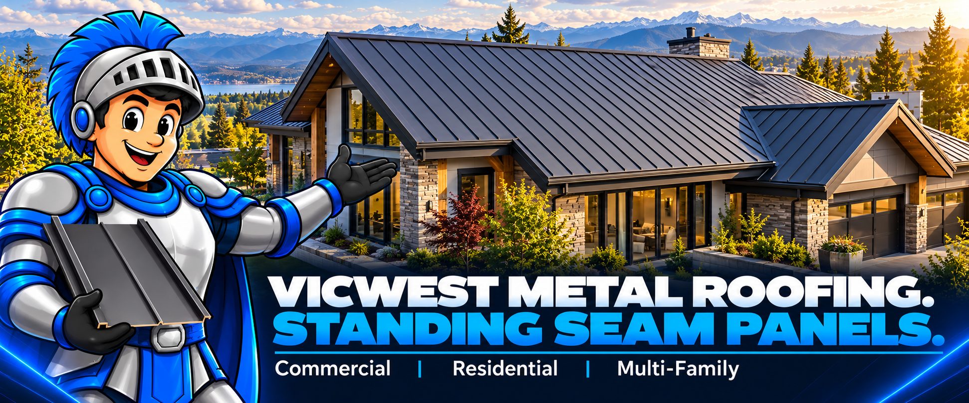 Vicwest standing seam metal roofing in Edmonton – Iron Shield Roofing. Standing seam panels. Commercial, residential, multi-family