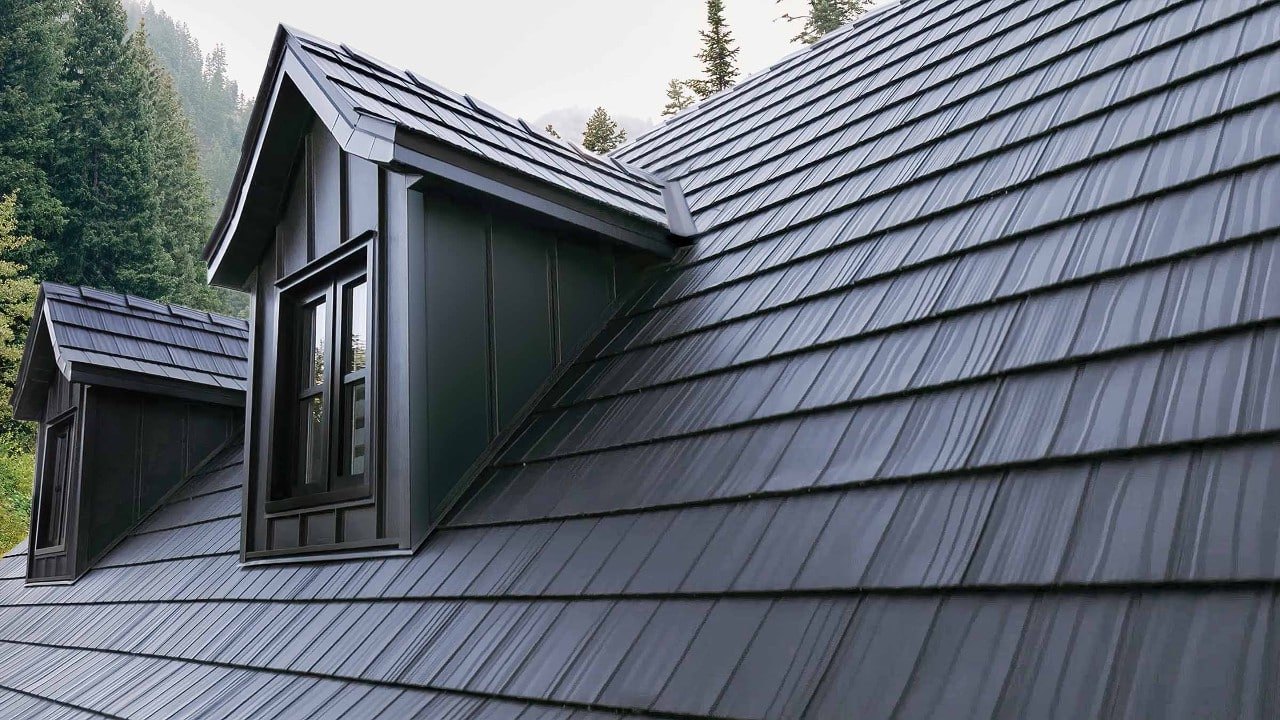 Vicwest True Nature Cedar Creek Shake steel roof, close-up of a dormer