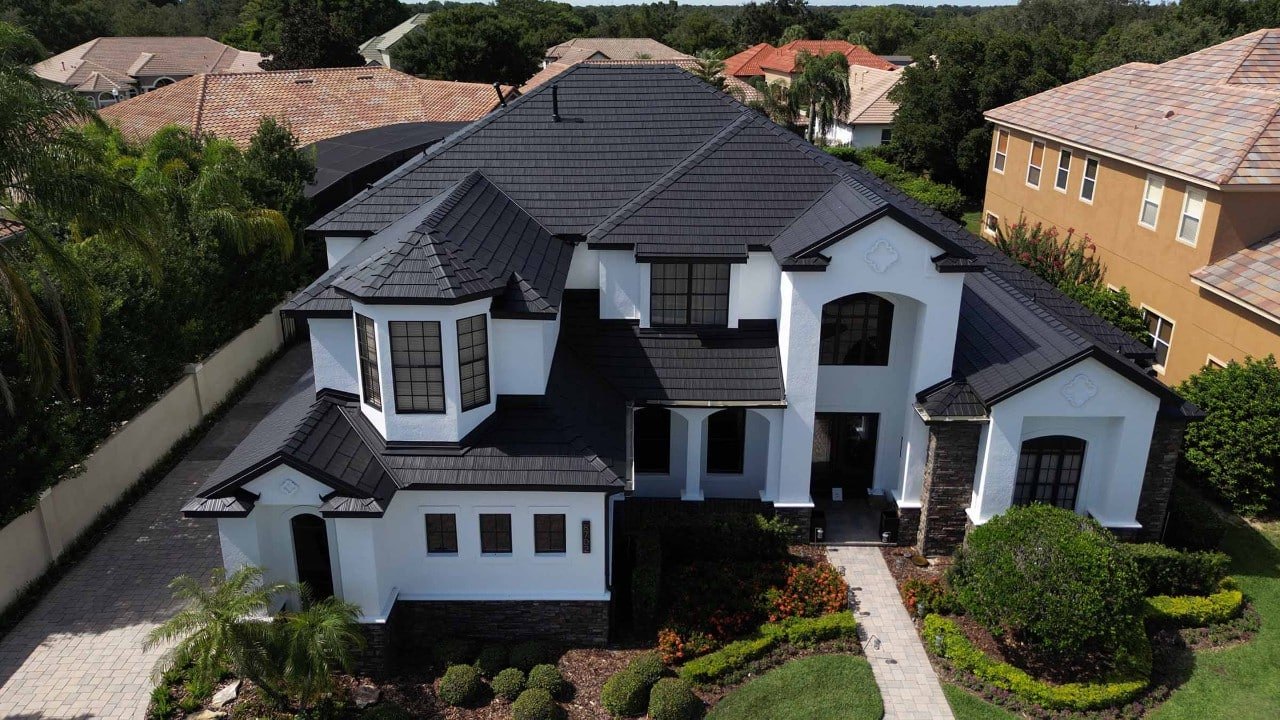 Vicwest True Nature Cedar Creek Shake steel roof on a modern two-storey home