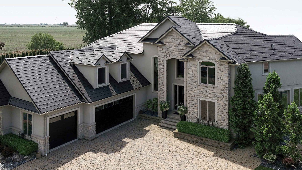 Vicwest True Nature North Ridge Slate steel roof on a stone home